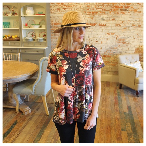 Infinity Raine Tops - ✨RESTOCKED✨Charcoal floral print babydoll tunic